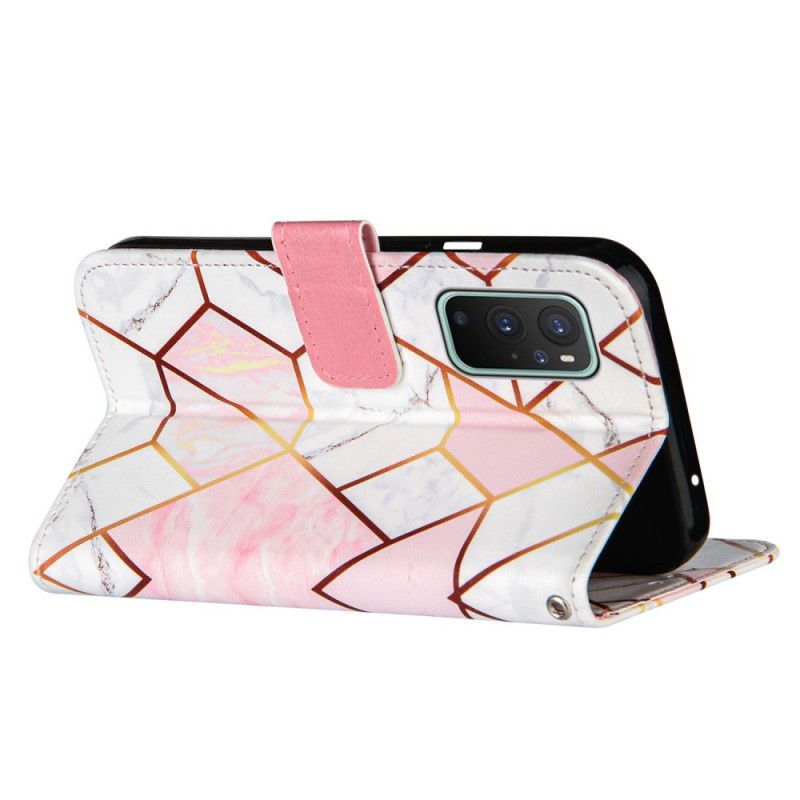 Fodral OnePlus 9 Pro Rosa Geometrisk Marmor Med Rem