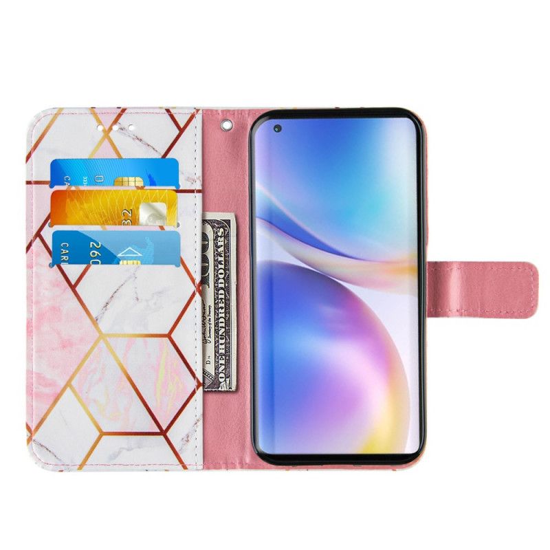 Fodral OnePlus 9 Pro Rosa Geometrisk Marmor Med Rem