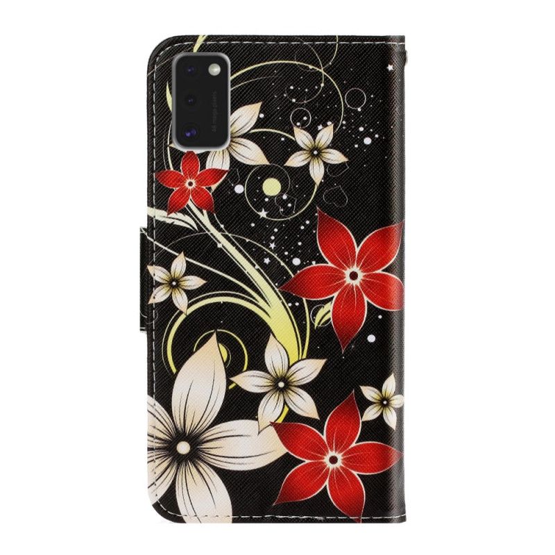 Fodral för Samsung Galaxy A41 Svart Färgglada Blommor Med Rem