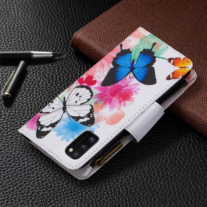 Läderfodral Samsung Galaxy A41 Svart Fjäril Dragkedja Ficka