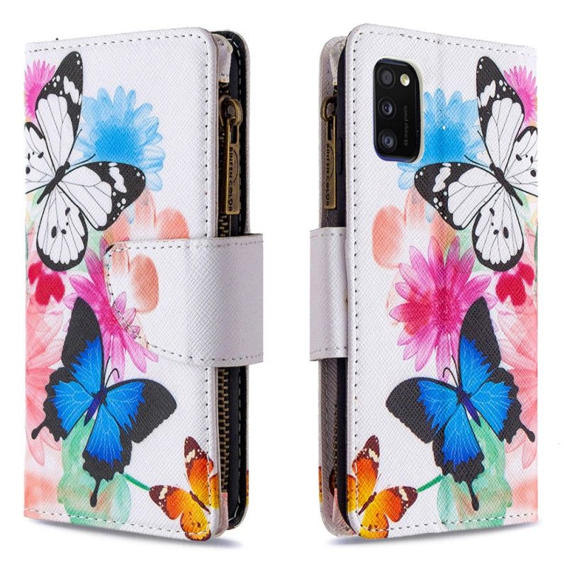 Läderfodral Samsung Galaxy A41 Svart Fjäril Dragkedja Ficka