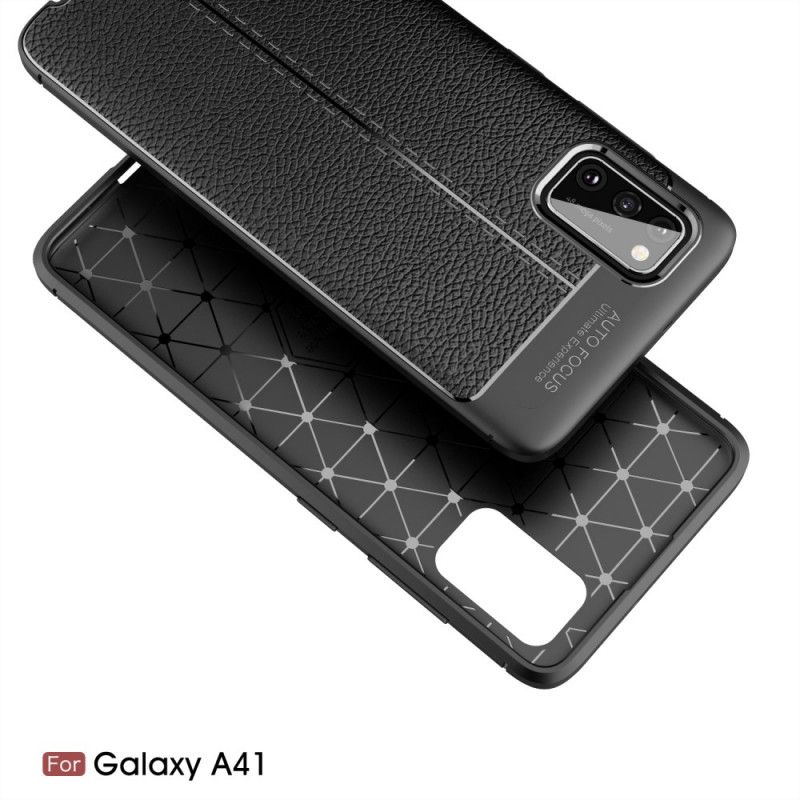 Skal Samsung Galaxy A41 Svart Mobilskal Lychéläder Med Dubbla Linjer