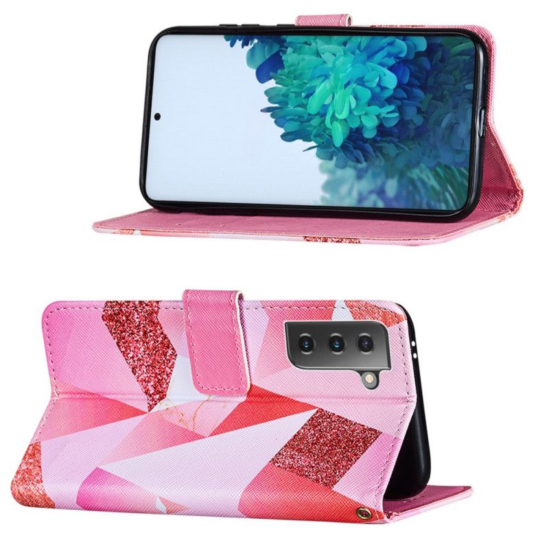 Fodral för Samsung Galaxy S21 5G Magenta Trianglar Och Glitter