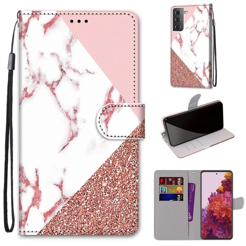 Läderfodral Samsung Galaxy S21 5G Mobilskal Triangel I Marmor Och Glitter