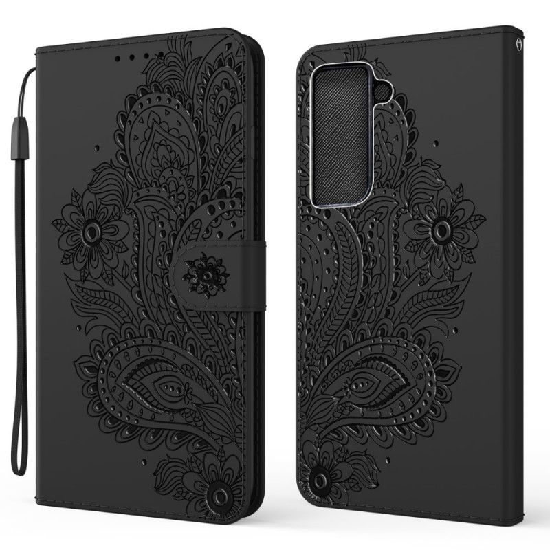 Läderfodral Samsung Galaxy S21 5G Svart Mobilskal Barockmönster Med Rem