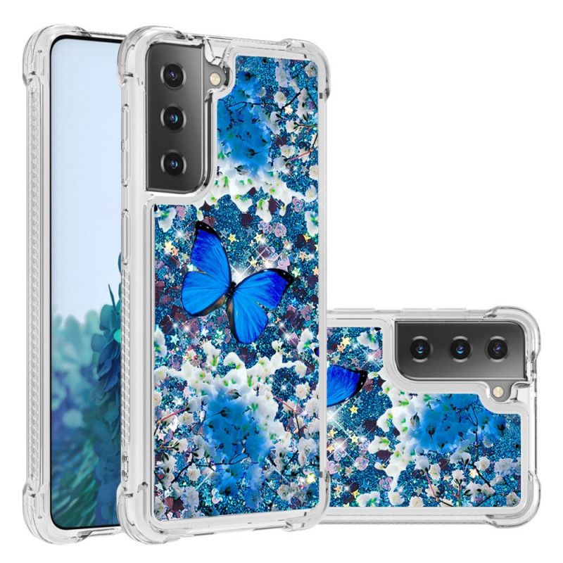 Skal Samsung Galaxy S21 5G Mobilskal Blå Glitterfjärilar