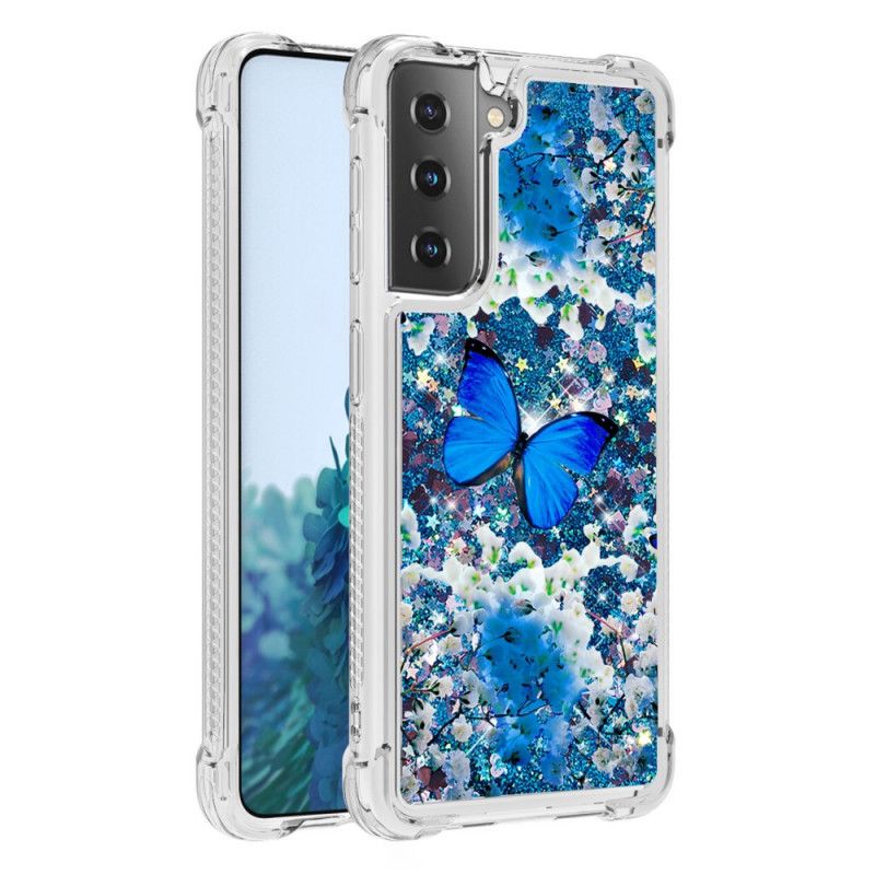 Skal Samsung Galaxy S21 5G Mobilskal Blå Glitterfjärilar