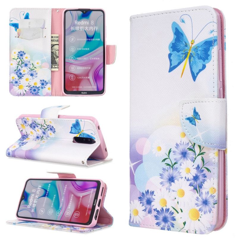 Läderfodral Xiaomi Redmi 8 Magenta Mobilskal Målade Fjärilar Och Blommor