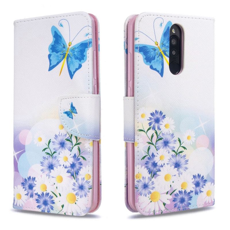 Läderfodral Xiaomi Redmi 8 Magenta Mobilskal Målade Fjärilar Och Blommor