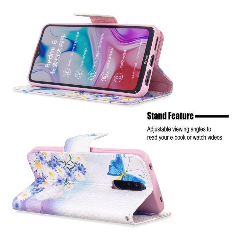 Läderfodral Xiaomi Redmi 8 Magenta Mobilskal Målade Fjärilar Och Blommor