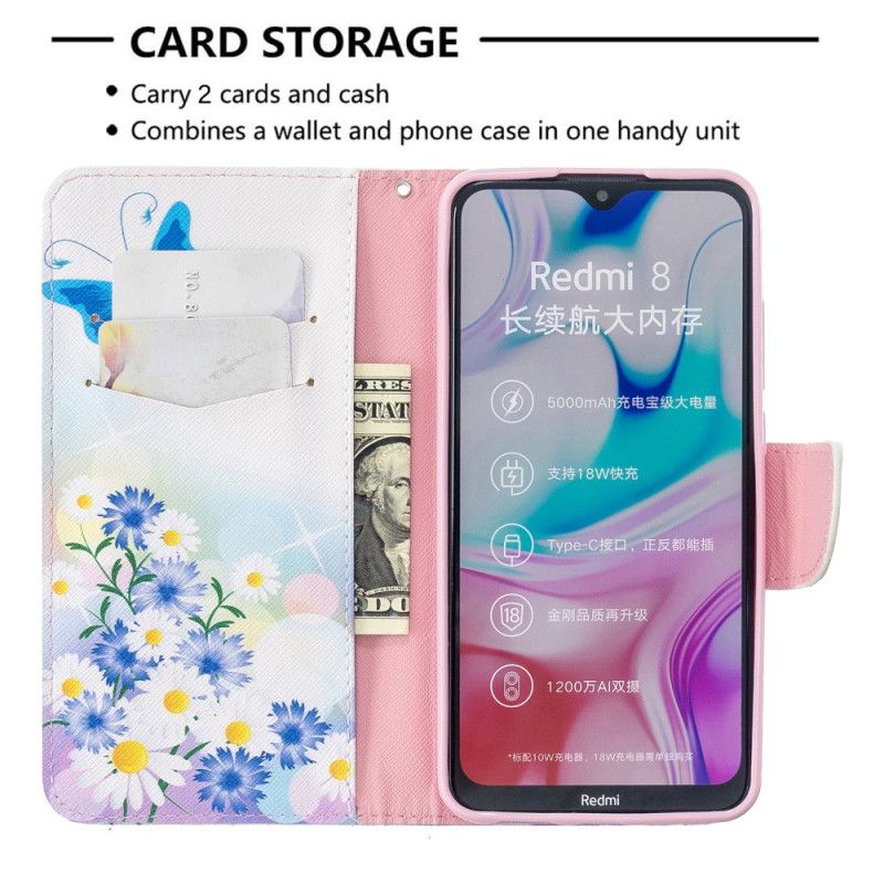 Läderfodral Xiaomi Redmi 8 Magenta Mobilskal Målade Fjärilar Och Blommor