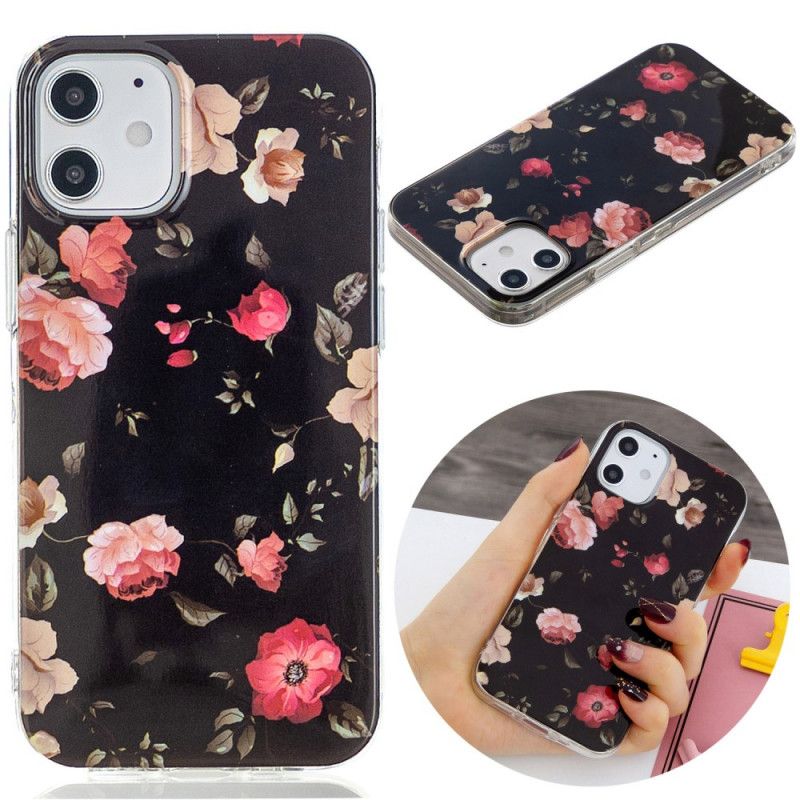 Skal för iPhone 12 / 12 Pro Svart Fluorescerande Blommaserie
