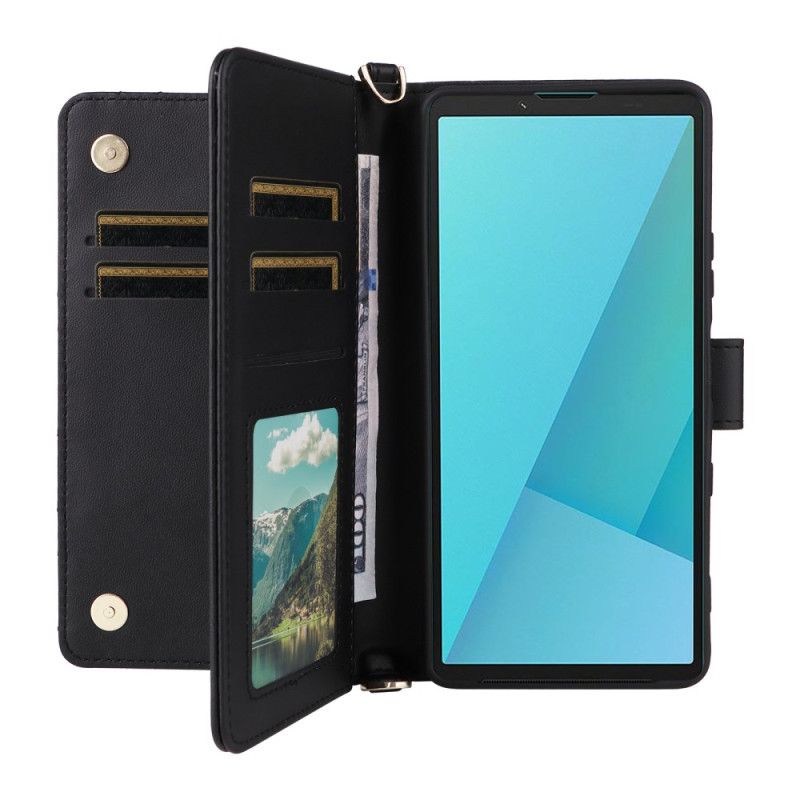 Läderskal Fodral Sony Xperia 10 Vii Quiltad Med Rem Och Handledsrem