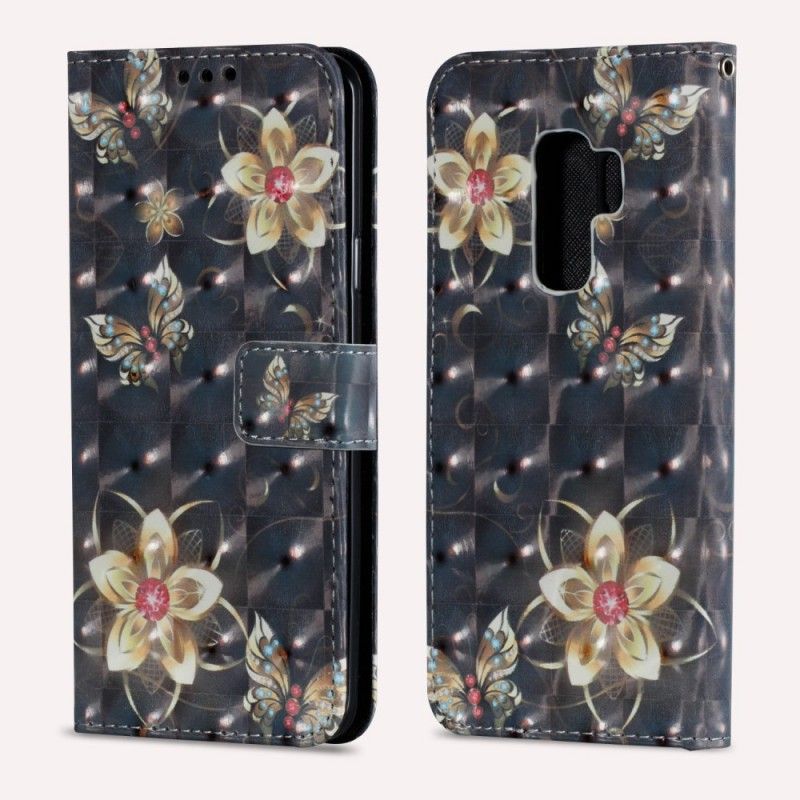 Läderskal Samsung Galaxy S9 Plus Svart Retro Färgglada Blommor