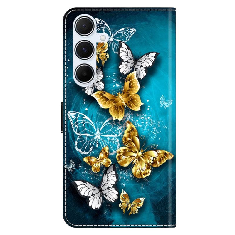 Läderskal Fodral Samsung Galaxy A17 4g / 5g Guldfjärilar På Grön Bakgrund