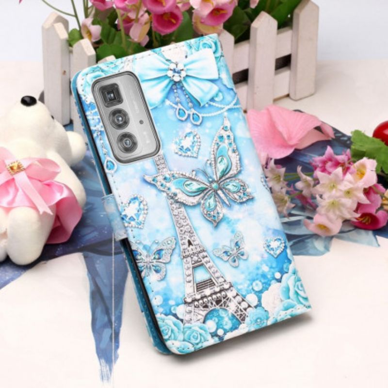 Fodral För Motorola Edge 20 Pro Eiffeltornet Butterflies Strap