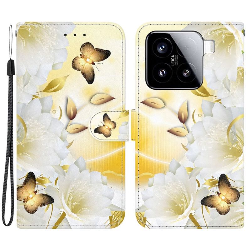 Fodral Xiaomi 15 Guldfärgade Fjärilar Och Vita Blommor