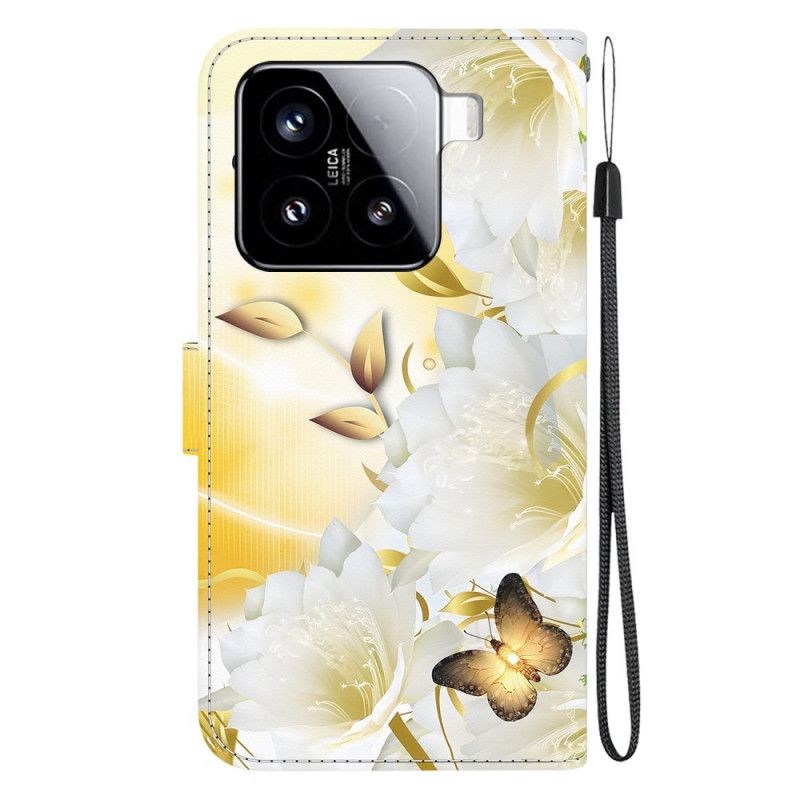 Fodral Xiaomi 15 Guldfärgade Fjärilar Och Vita Blommor