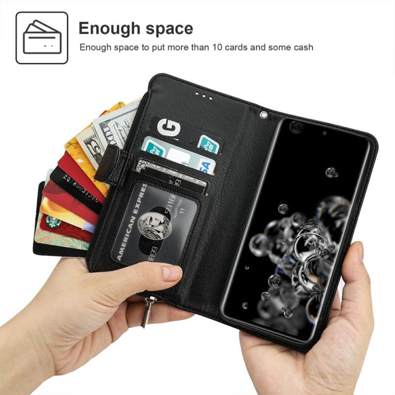 Läderfodral Samsung Galaxy S20 Ultra Svart Mikrofibrer I Läderstil Med Blixtlåsficka