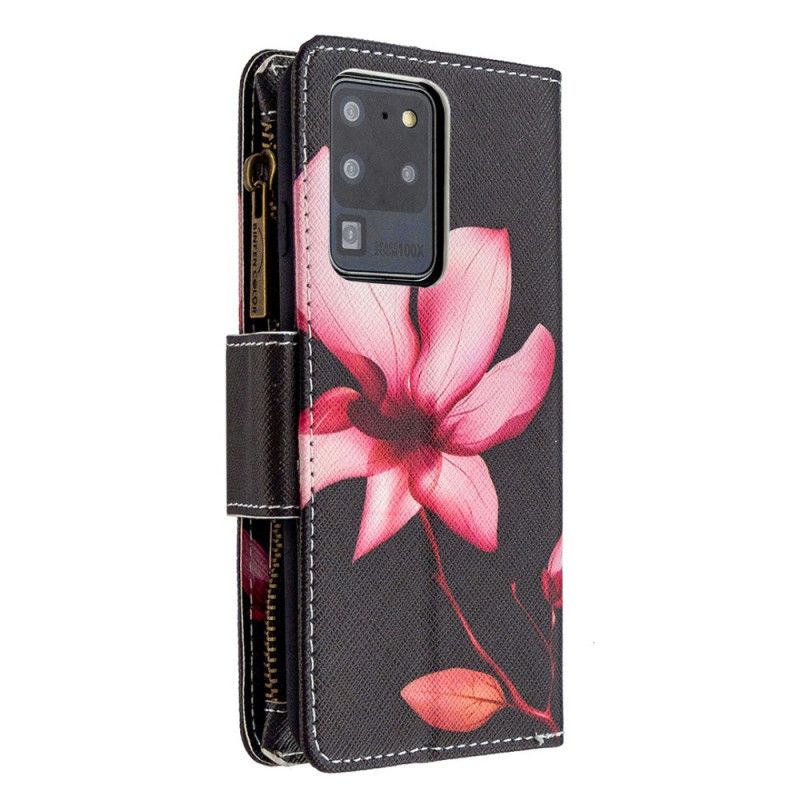 Läderfodral Samsung Galaxy S20 Ultra Svart Mobilskal Blomma Med Blixtlås