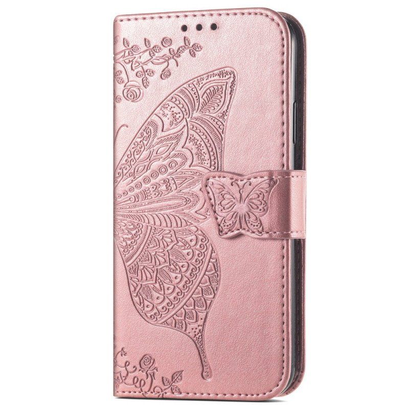 Läderfodral Google Pixel 6A Fjärilsmönster Med Rem