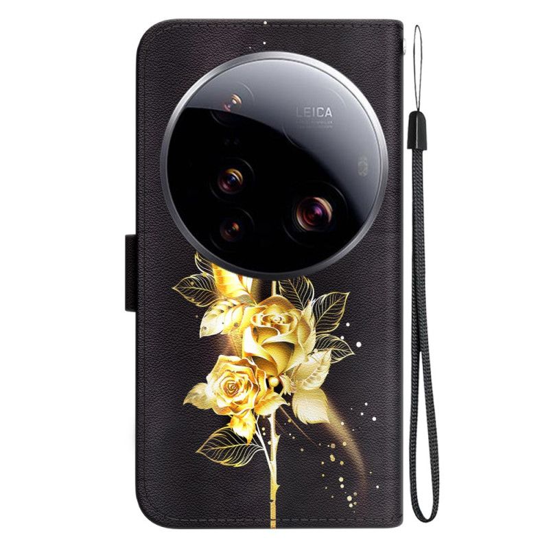 Läderskal Fodral Xiaomi 15 Ultra Gyllene Rosor Och Fjärilar