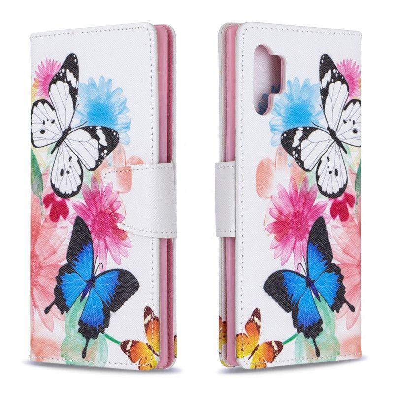 Fodral Samsung Galaxy Note 10 Plus Ljusblå Målade Fjärilar Och Blommor