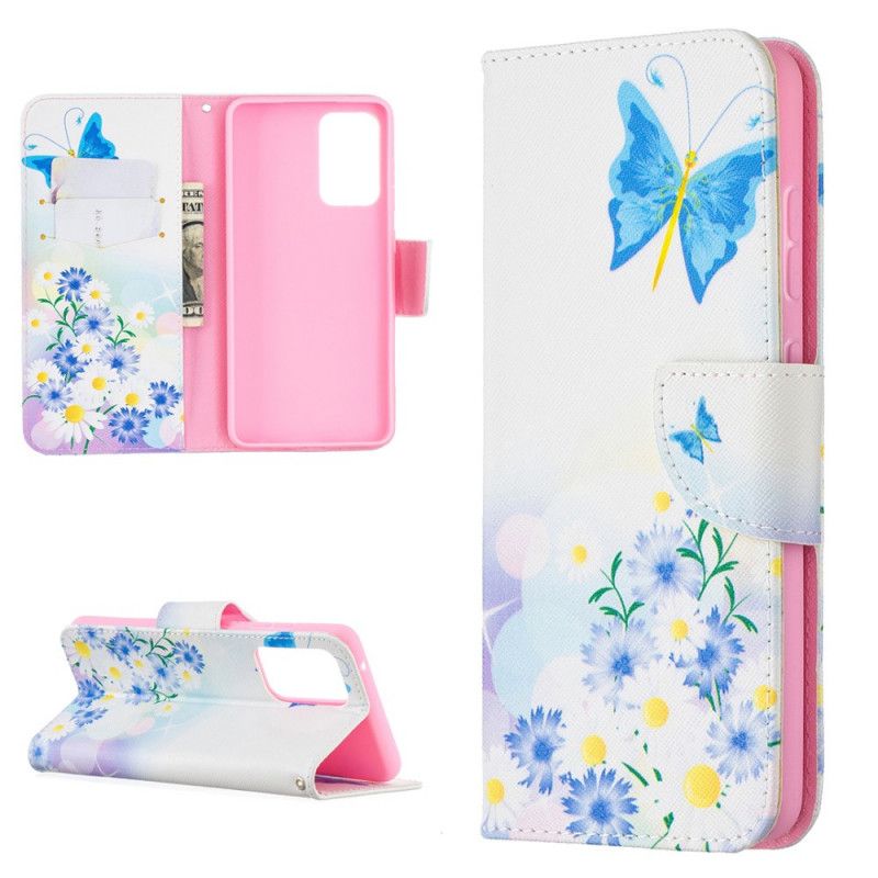 Fodral för Samsung Galaxy A52 4G / A52 5G Magenta Målade Fjärilar Och Blommor