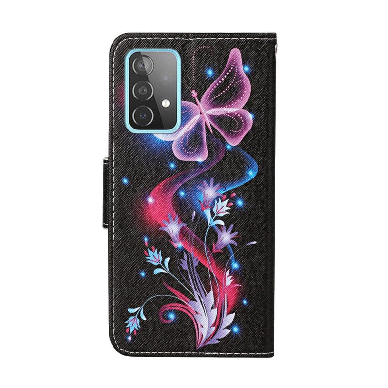 Fodral för Samsung Galaxy A52 4G / A52 5G Svart Fjärilar Och Rem