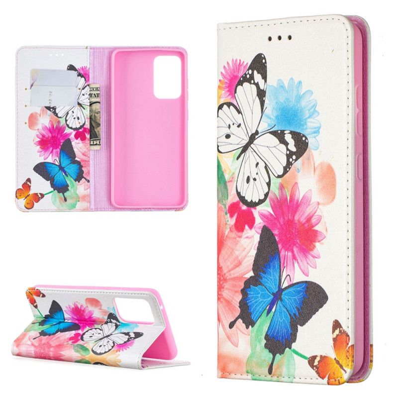Folio-fodral Samsung Galaxy A52 4G / A52 5G Vit Färgglada Fjärilar