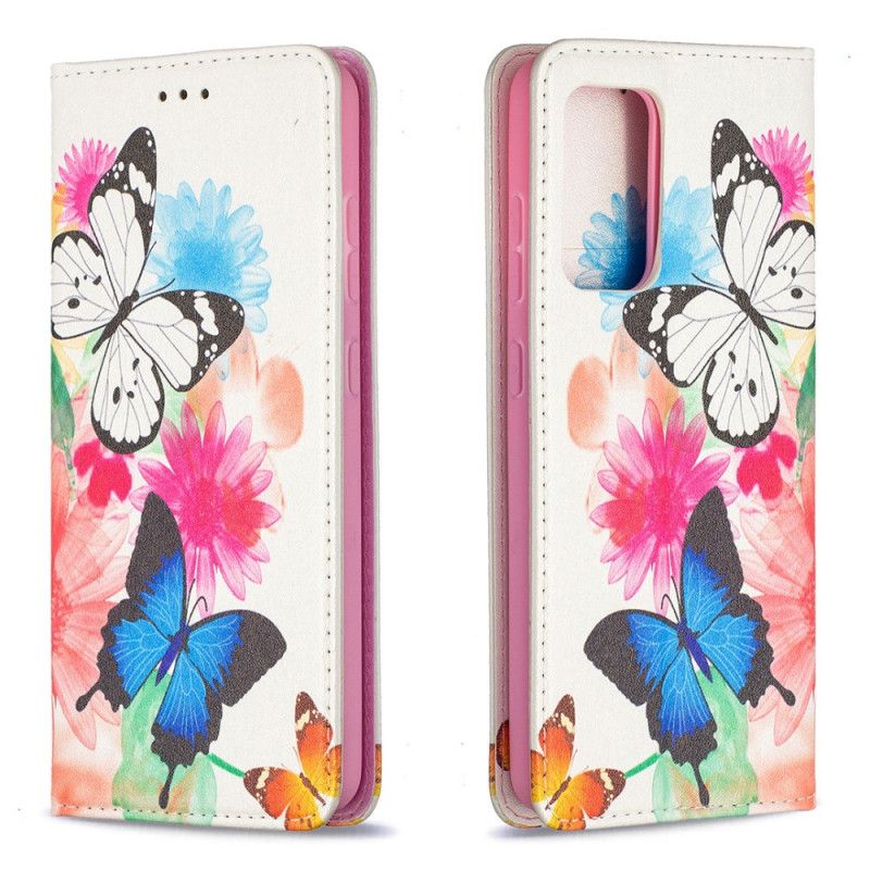 Folio-fodral Samsung Galaxy A52 4G / A52 5G Vit Färgglada Fjärilar