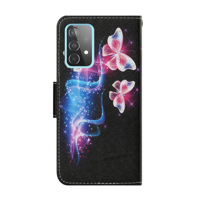 Läderfodral Samsung Galaxy A52 4G / A52 5G Magenta Mobilskal Magiska Fjärilar