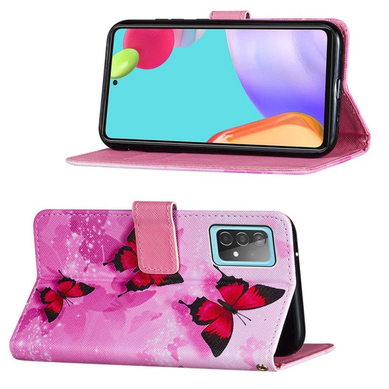 Läderfodral Samsung Galaxy A52 4G / A52 5G Magenta Texturerat Konstläderfjärilar