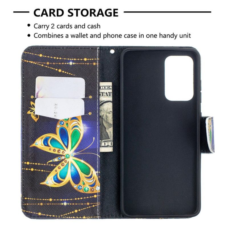 Läderfodral Samsung Galaxy A52 4G / A52 5G Mobilskal Gyllene Fjärilar