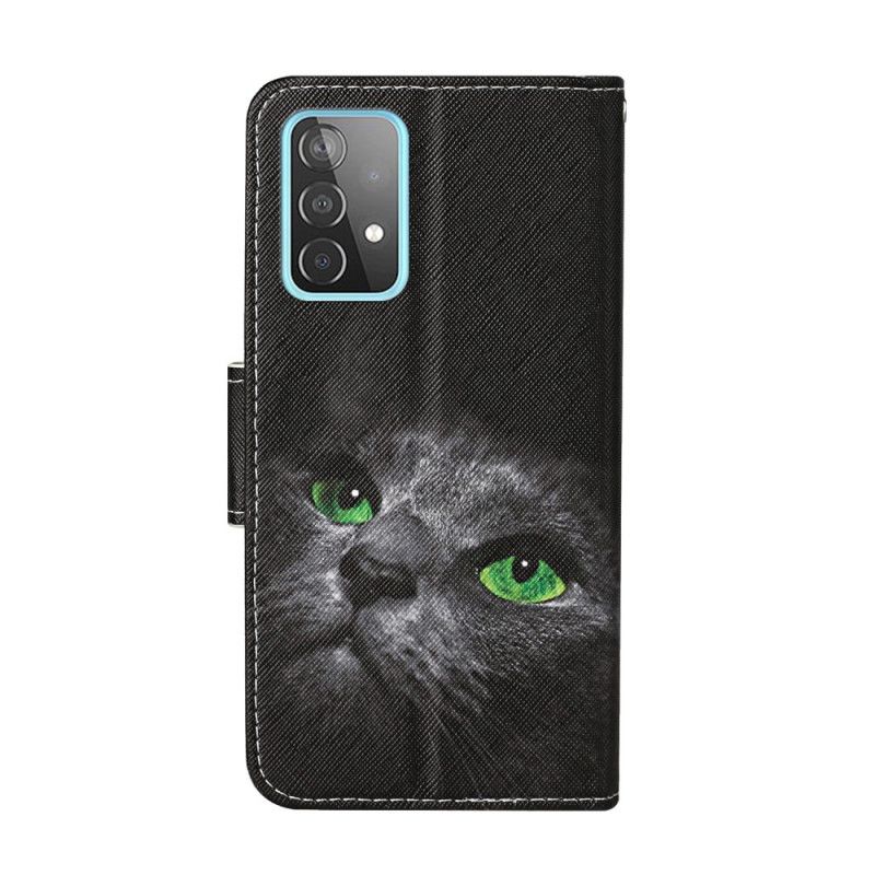Läderfodral Samsung Galaxy A52 4G / A52 5G Mobilskal Katt Med Gröna Ögon Med Rem