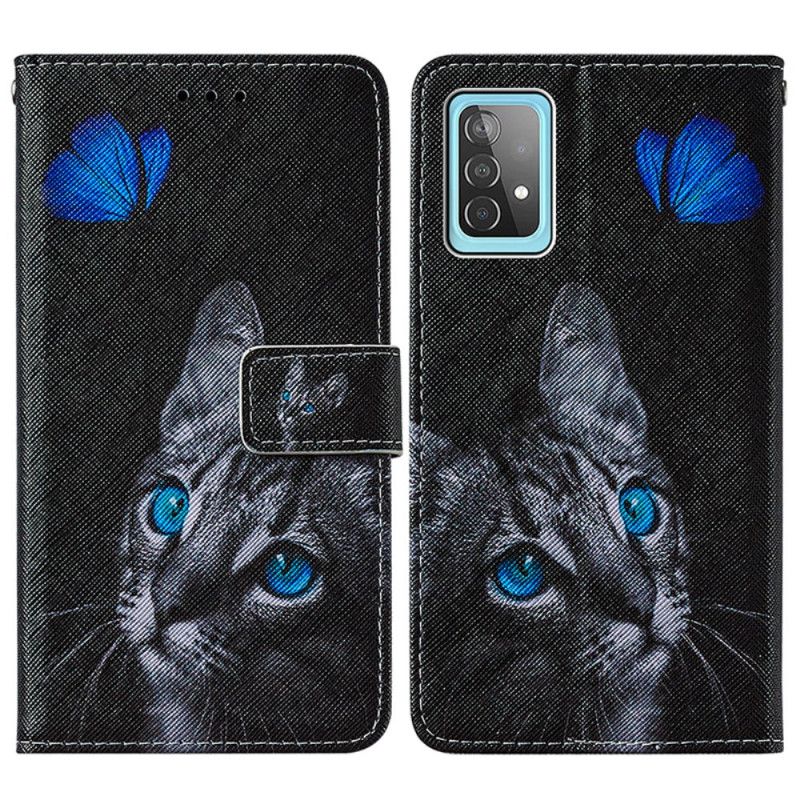 Läderfodral Samsung Galaxy A52 4G / A52 5G Mobilskal Katt Och Blå Fjäril