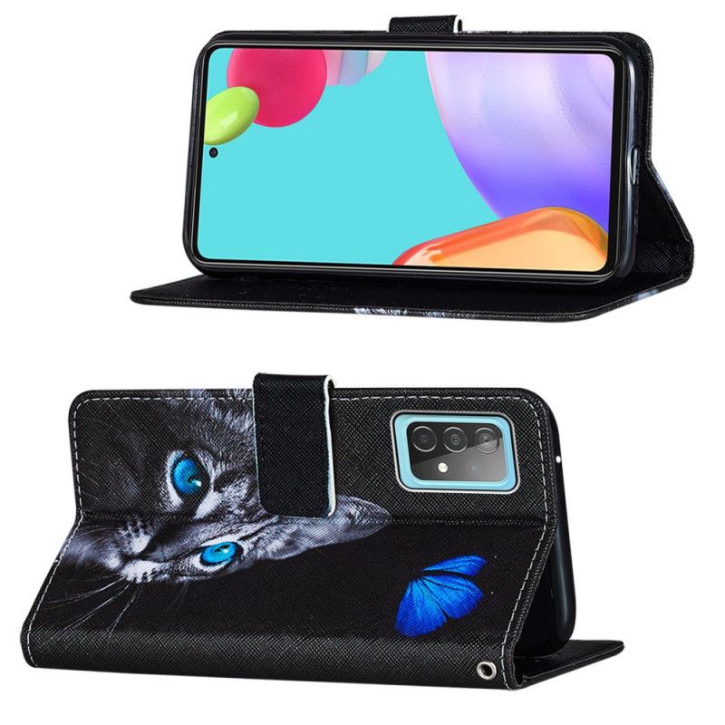 Läderfodral Samsung Galaxy A52 4G / A52 5G Mobilskal Katt Och Blå Fjäril