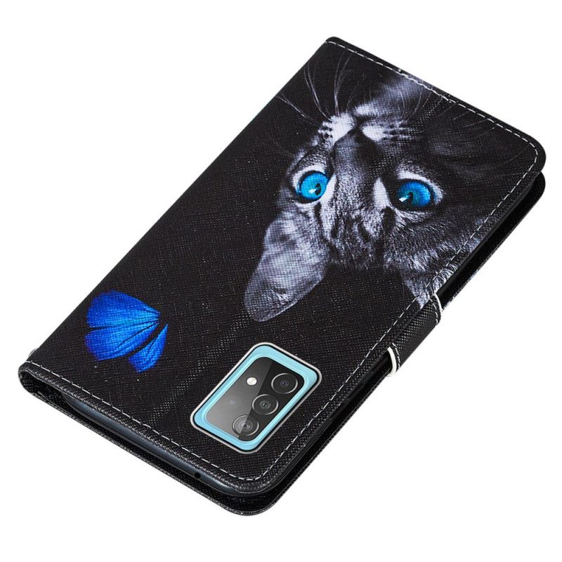 Läderfodral Samsung Galaxy A52 4G / A52 5G Mobilskal Katt Och Blå Fjäril