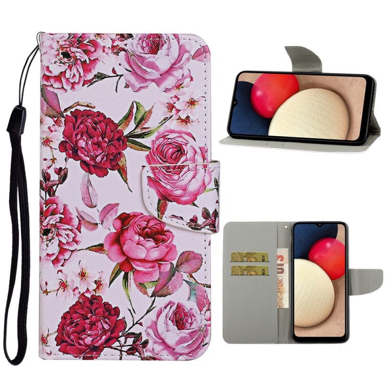 Läderfodral Samsung Galaxy A52 4G / A52 5G Mobilskal Mästerliga Blommor Med Rem