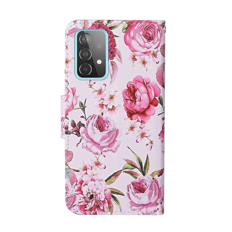 Läderfodral Samsung Galaxy A52 4G / A52 5G Mobilskal Mästerliga Blommor Med Rem