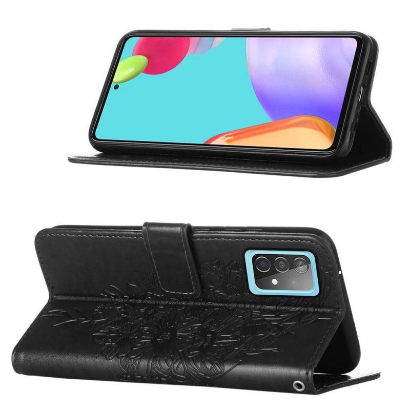 Läderfodral Samsung Galaxy A52 4G / A52 5G Svart Mobilskal Designer Fjäril Med Rem