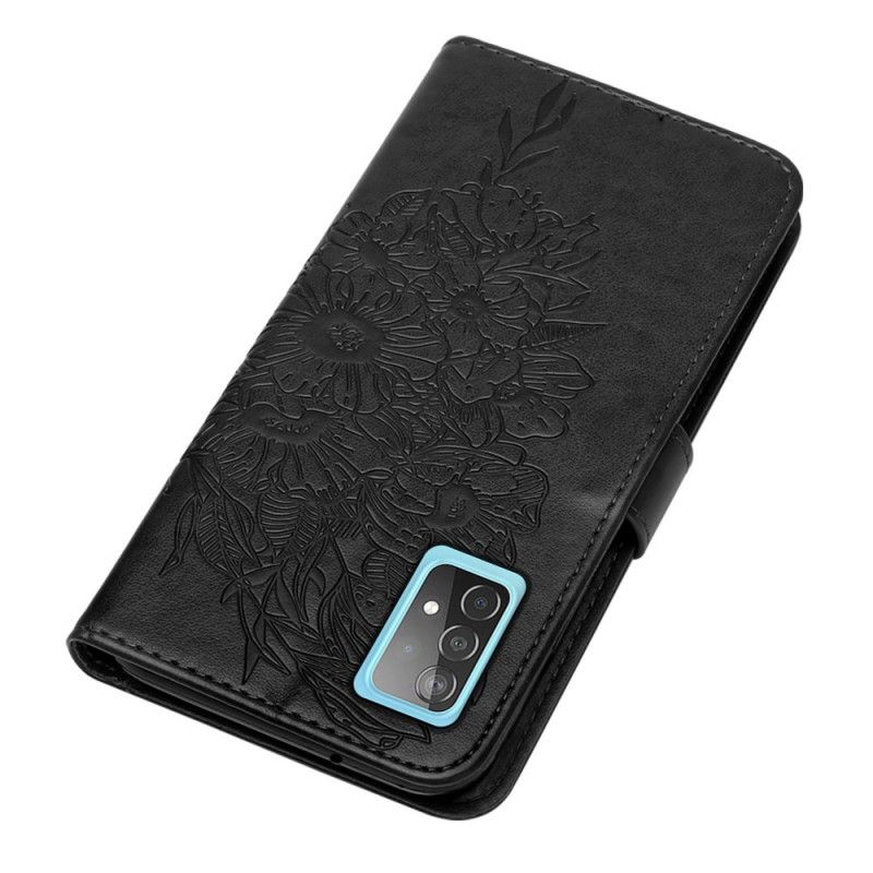 Läderfodral Samsung Galaxy A52 4G / A52 5G Svart Mobilskal Designer Fjäril Med Rem