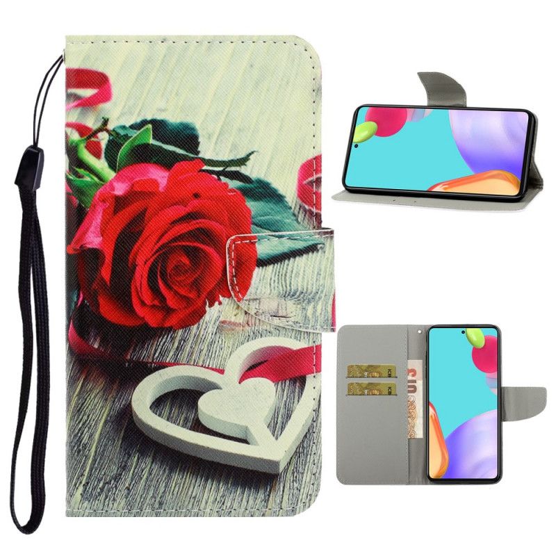 Skyddsfodral Samsung Galaxy A52 4G / A52 5G Svart Färgglada Blommor Med Rem
