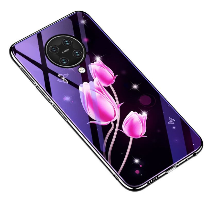 Skal Xiaomi Poco F2 Pro Lila Härdat Glas Och Blommig Silikon