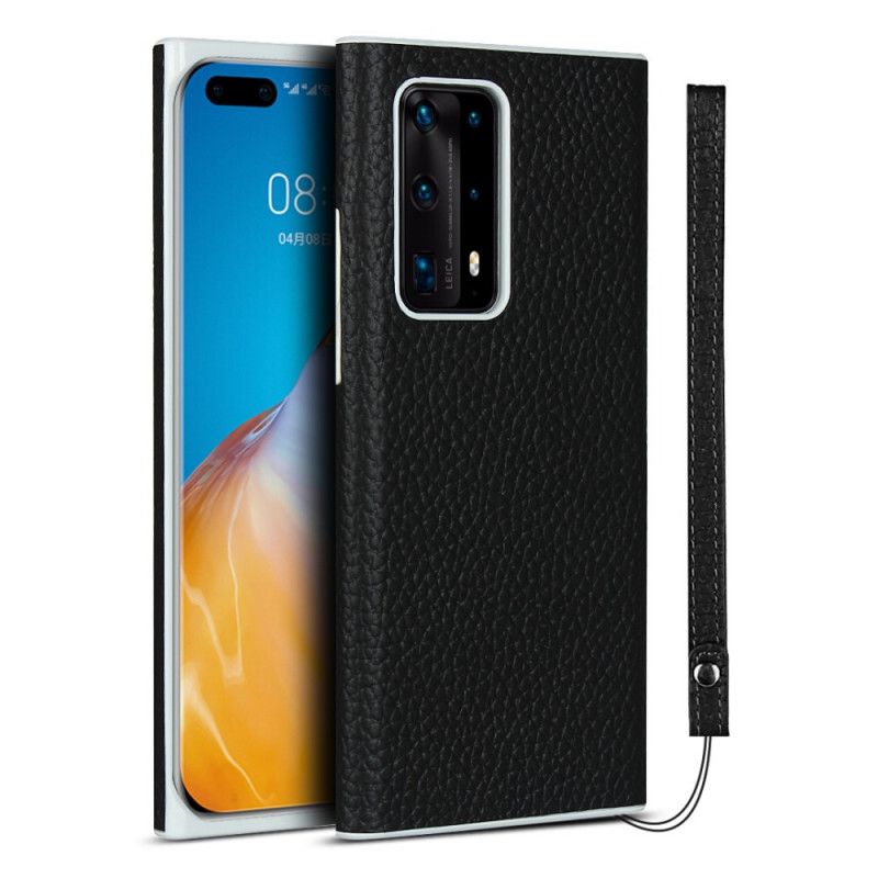 Skal Huawei P40 Pro Plus Svart Äkta Litchiläder Med Rem