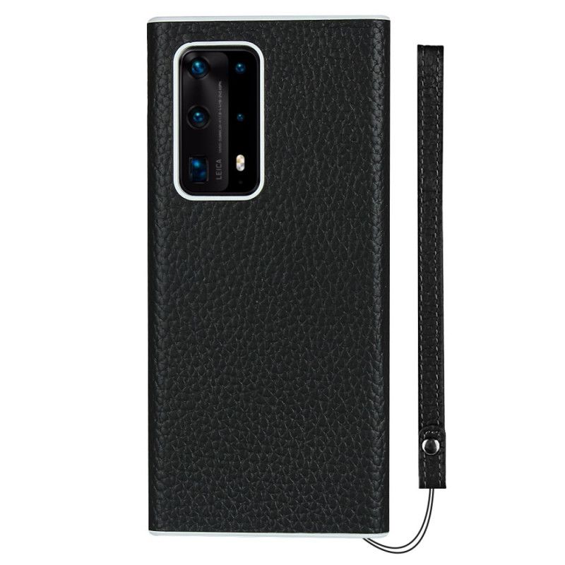 Skal Huawei P40 Pro Plus Svart Äkta Litchiläder Med Rem