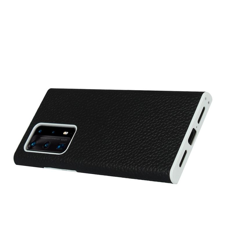 Skal Huawei P40 Pro Plus Svart Äkta Litchiläder Med Rem