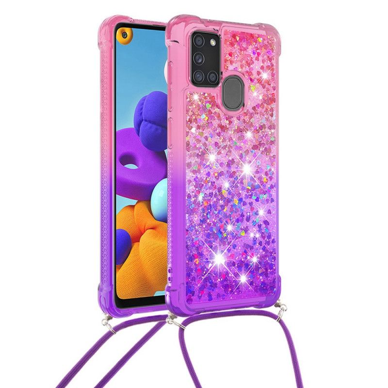 Skal för Samsung Galaxy A21s Rosa Silikonglitter Och Sladd