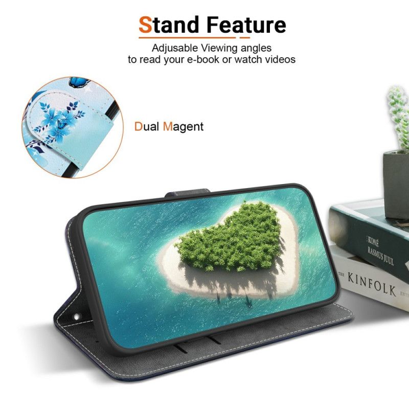 Fodral För Samsung Galaxy S26 Blå Fjärilar Och Blommor