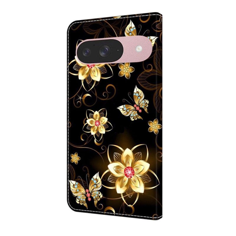 Läderfodral Google Pixel 10 / 10 Pro Telefonfodral Gyllene Blommor Och Fjärilar